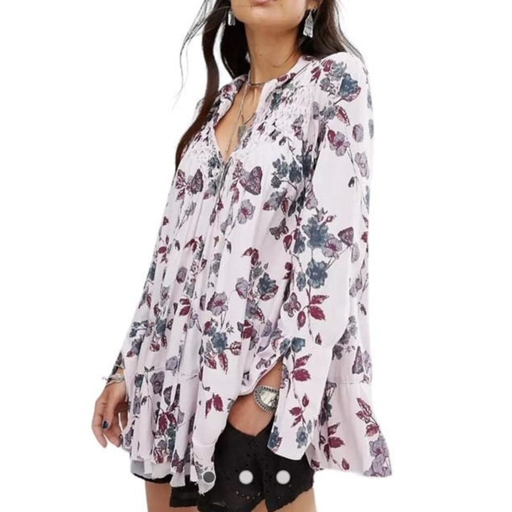 FREE PEOPLE Pebble Crepe Raw Edge Smocked Babydoll Boho Tunic ~ Women's SMALL
